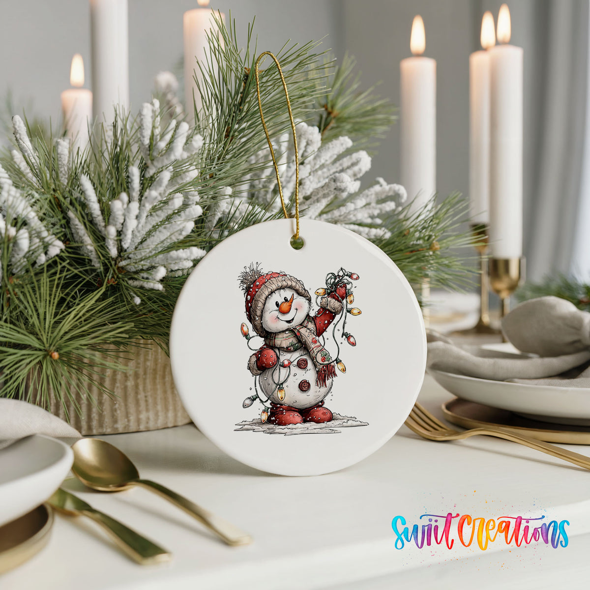 snowman tangled in colorful Christmas lights ceramic Christmas ornament shown in a holiday table setting