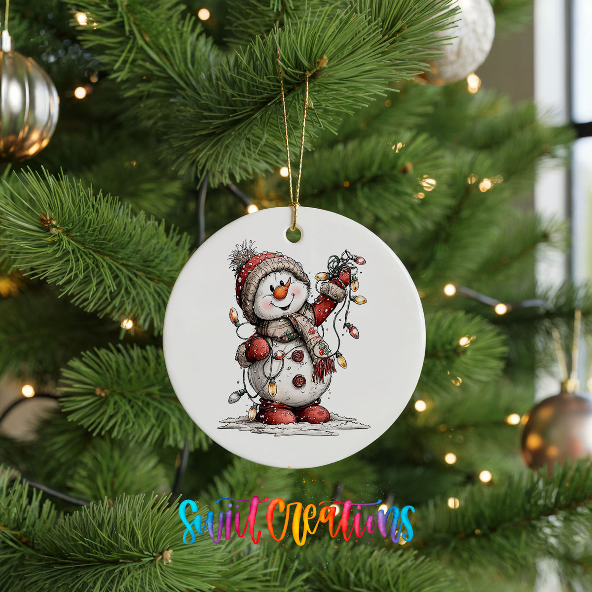 snowman tangled in colorful Christmas lights ceramic Christmas ornament hanging on a lit Christmas tree