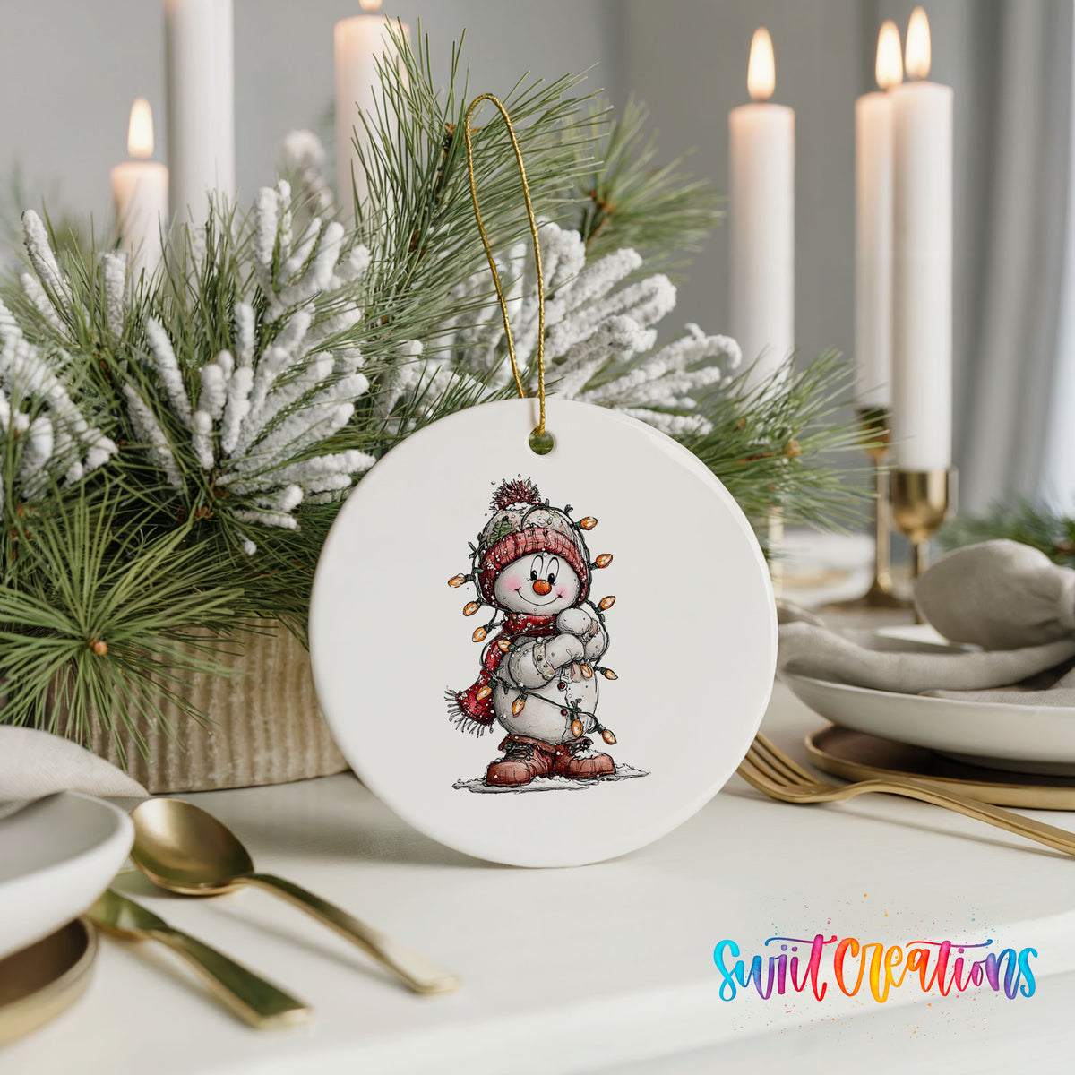 snowman in a red hat and striped scarf ceramic Christmas ornament shown in a holiday table setting