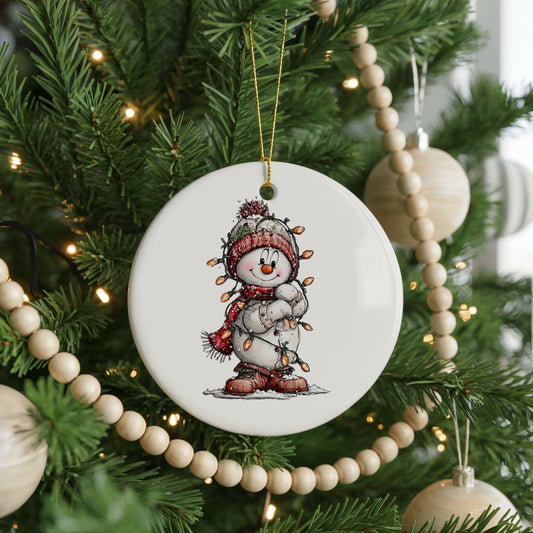 Snowman In Red Hat And Striped Scarf ceramic Christmas ornament, front view