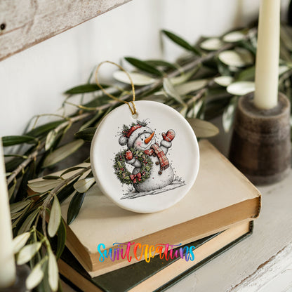 snowman in a red hat holding a Christmas ornament ceramic Christmas ornament styled on stacked books with greenery