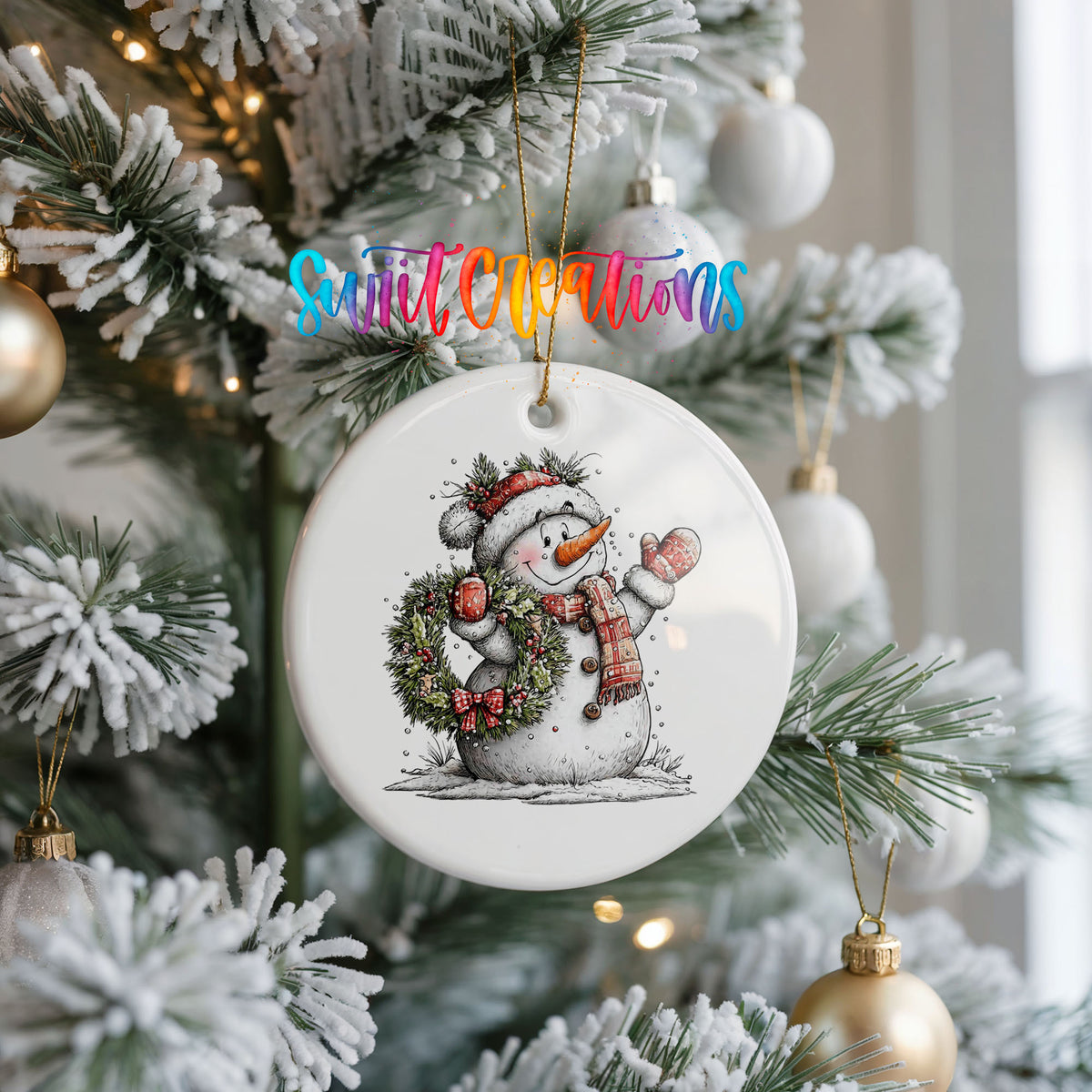 snowman in a red hat holding a Christmas ornament ceramic Christmas ornament hanging on a frosted Christmas tree