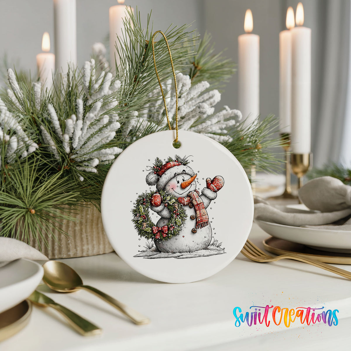 snowman in a red hat holding a Christmas ornament ceramic Christmas ornament shown in a holiday table setting