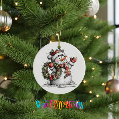 snowman in a red hat holding a Christmas ornament ceramic Christmas ornament hanging on a lit Christmas tree