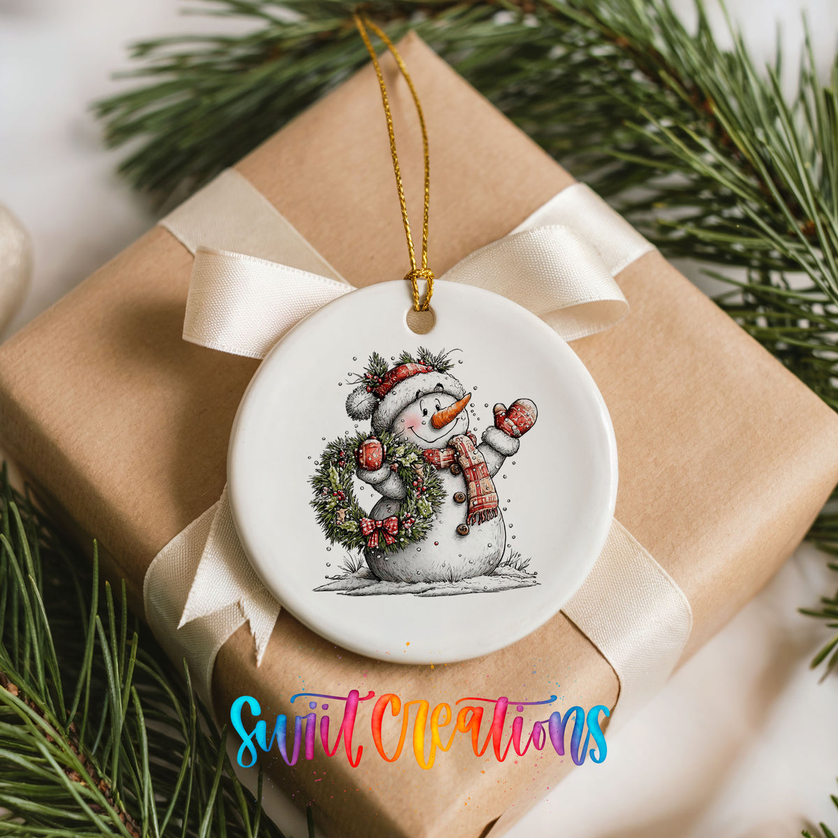snowman in a red hat holding a Christmas ornament ceramic Christmas ornament displayed on a wrapped Christmas gift