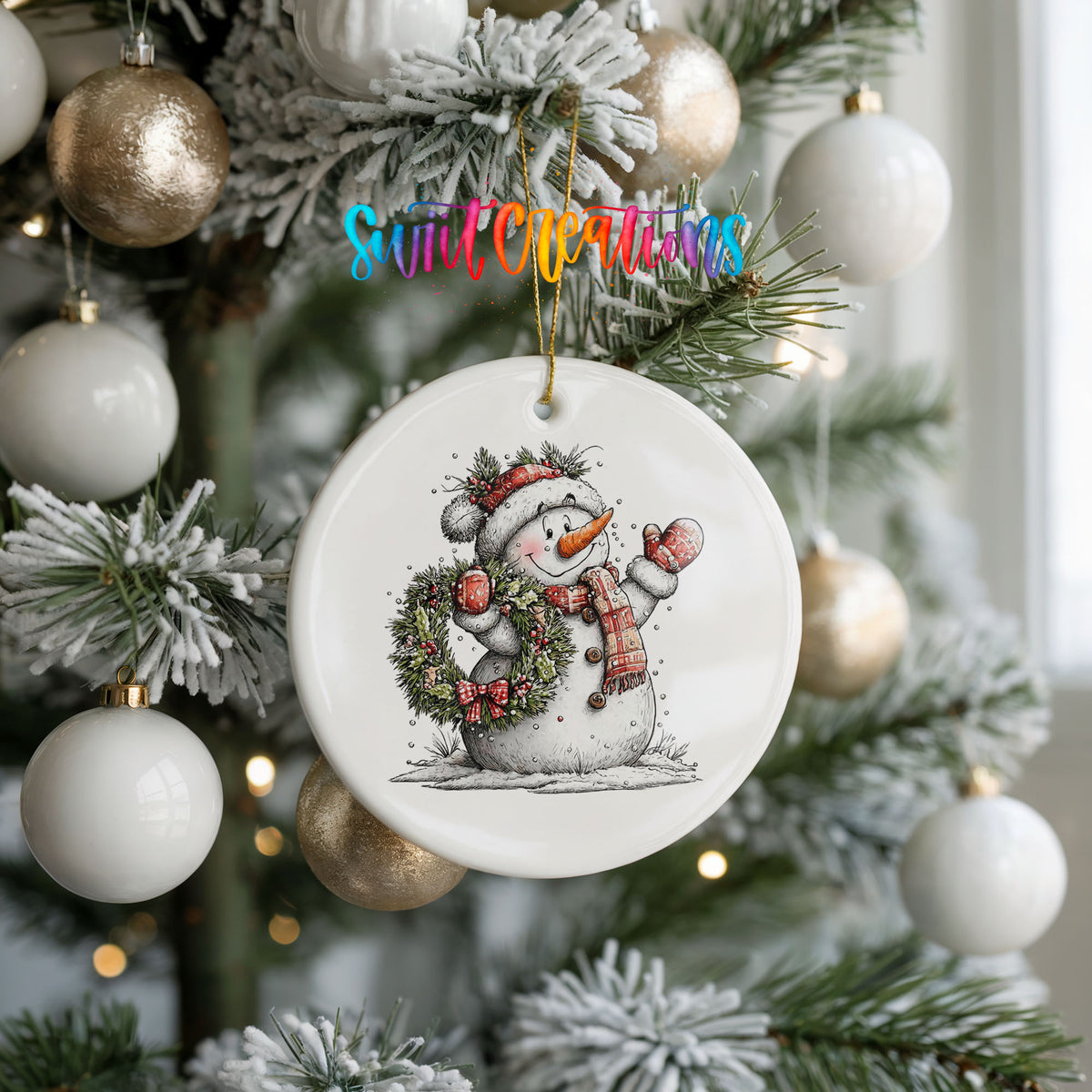 snowman in a red hat holding a Christmas ornament ceramic Christmas ornament hanging on a frosted tree with ornaments