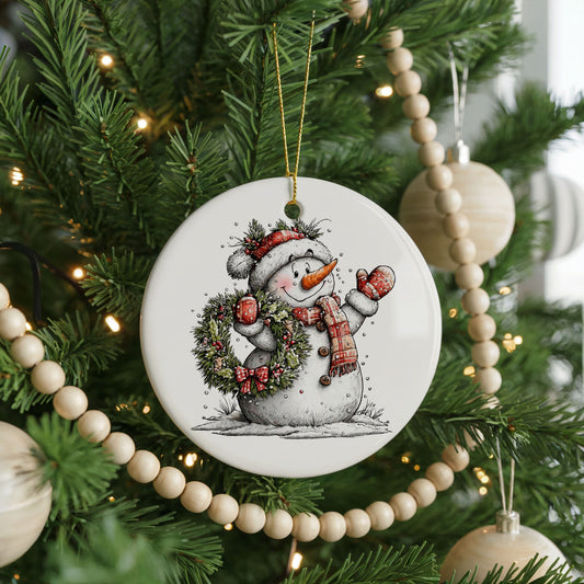 Snowman Holding Red Christmas Ornament, ceramic Christmas ornament, front view