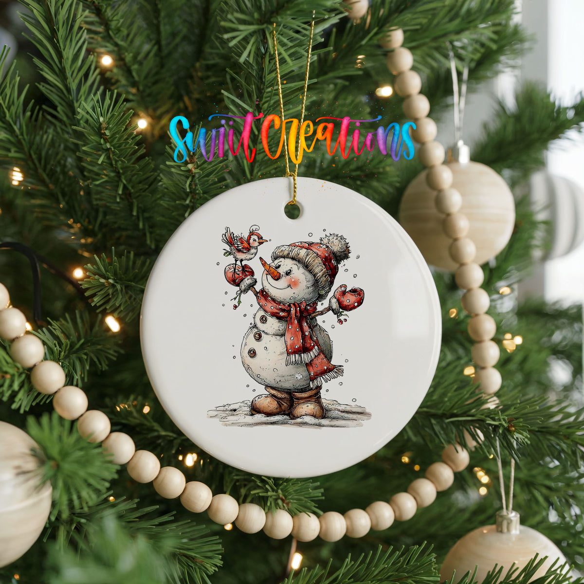 cheerful snowman waving in a red winter hat ceramic Christmas ornament hanging on a green Christmas tree