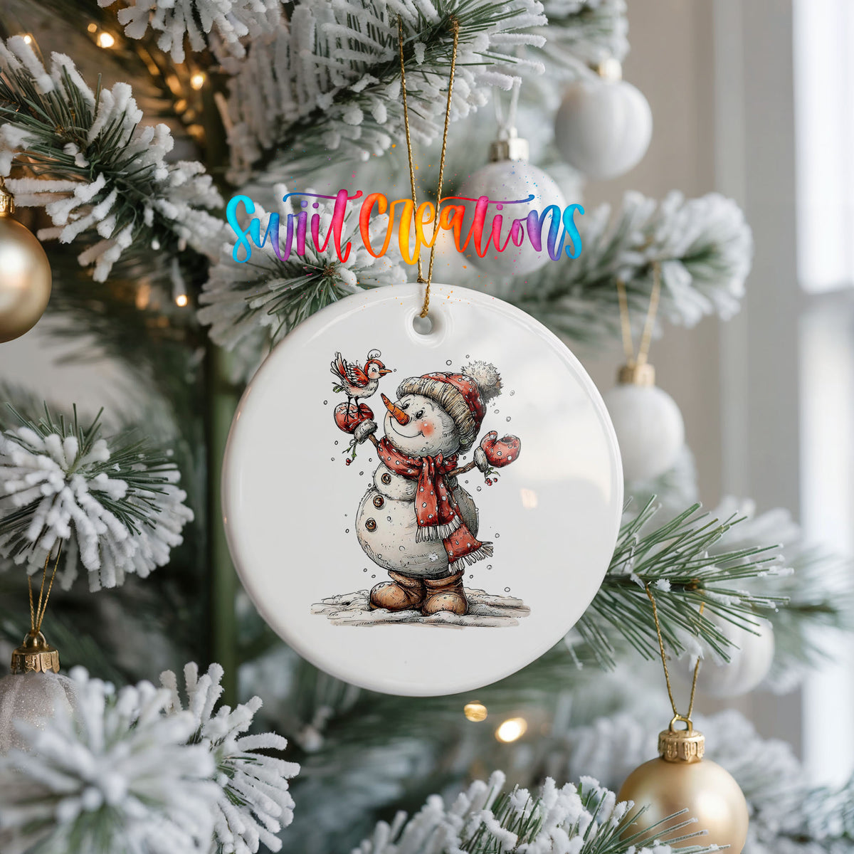 cheerful snowman waving in a red winter hat ceramic Christmas ornament hanging on a frosted Christmas tree