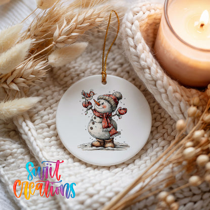 cheerful snowman waving in a red winter hat ceramic Christmas ornament styled on a cozy knit blanket