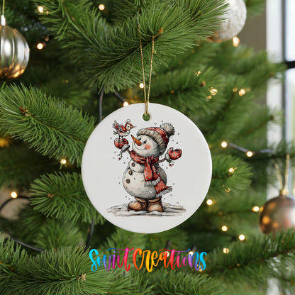cheerful snowman waving in a red winter hat ceramic Christmas ornament hanging on a lit Christmas tree