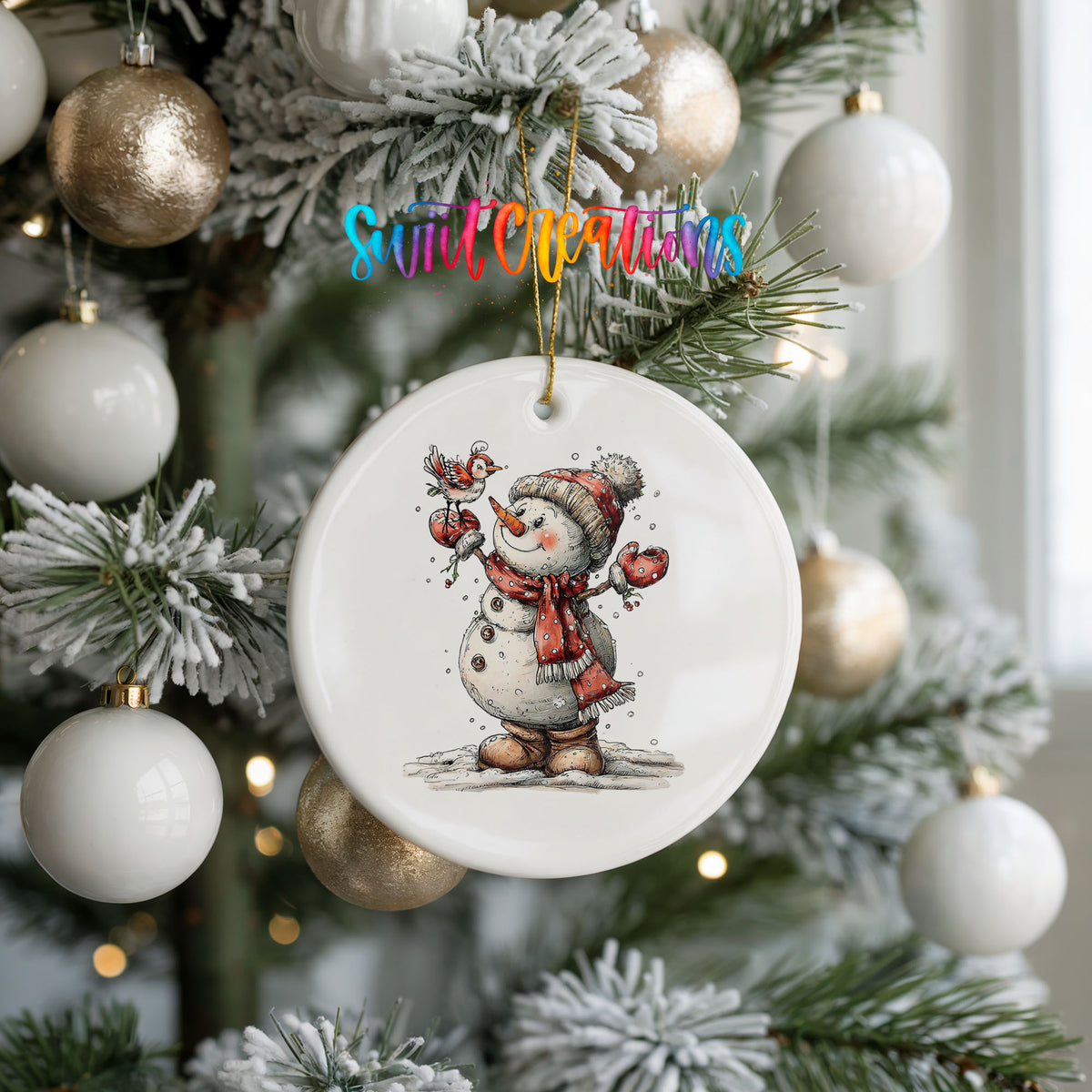 cheerful snowman waving in a red winter hat ceramic Christmas ornament hanging on a frosted tree with ornaments