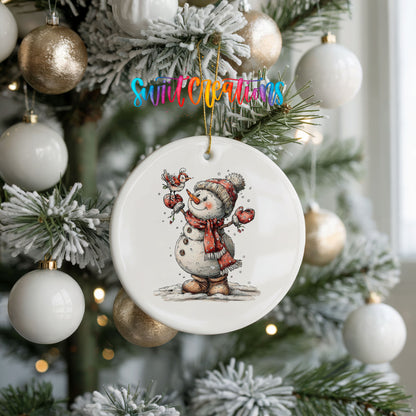 cheerful snowman waving in a red winter hat ceramic Christmas ornament hanging on a frosted tree with ornaments