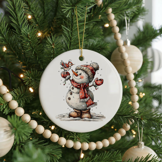Waving Snowman In Red Winter Hat ceramic Christmas ornament, front view