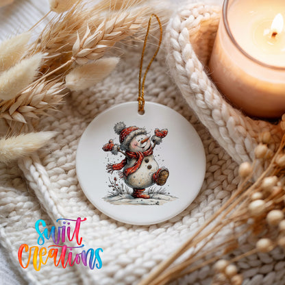 playful snowman in a red scarf ceramic Christmas ornament styled on a cozy knit blanket