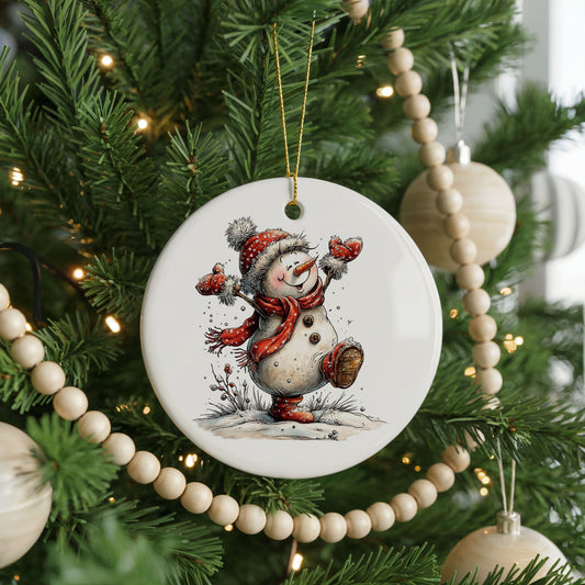 Playful Snowman In Red Scarf ceramic Christmas ornament, front view