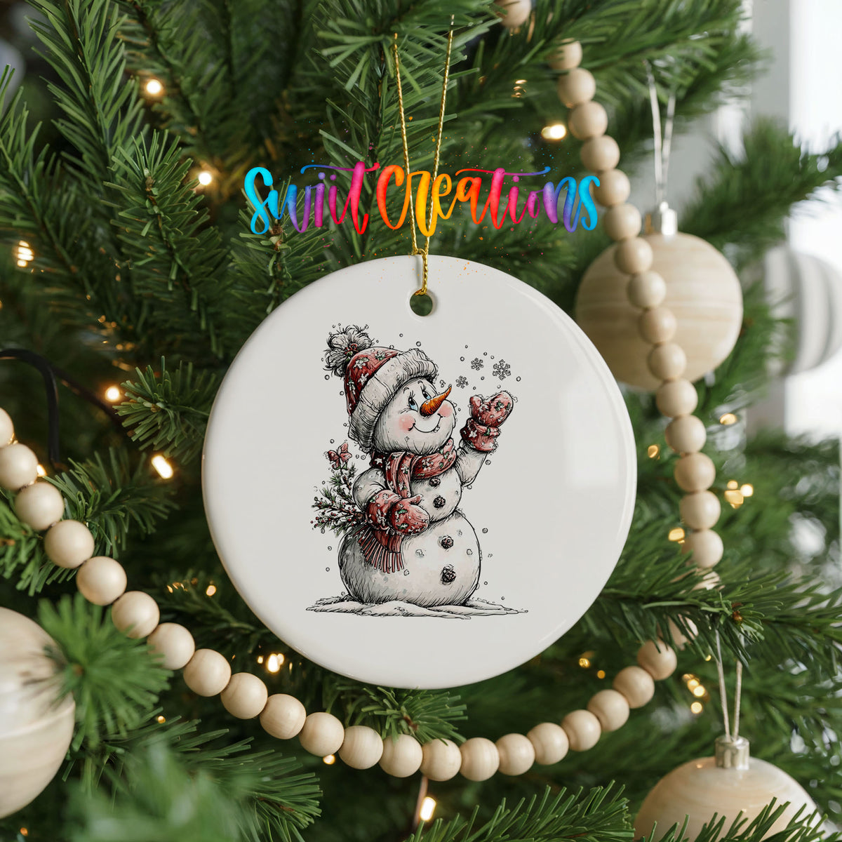 snowman holding a snowy Christmas tree ceramic Christmas ornament hanging on a green Christmas tree