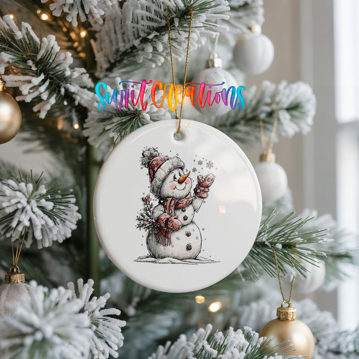 snowman holding a snowy Christmas tree ceramic Christmas ornament hanging on a frosted Christmas tree