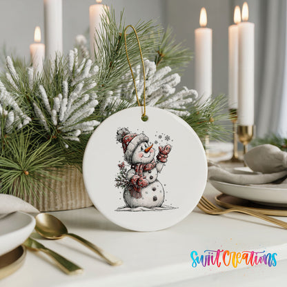 snowman holding a snowy Christmas tree ceramic Christmas ornament shown in a holiday table setting