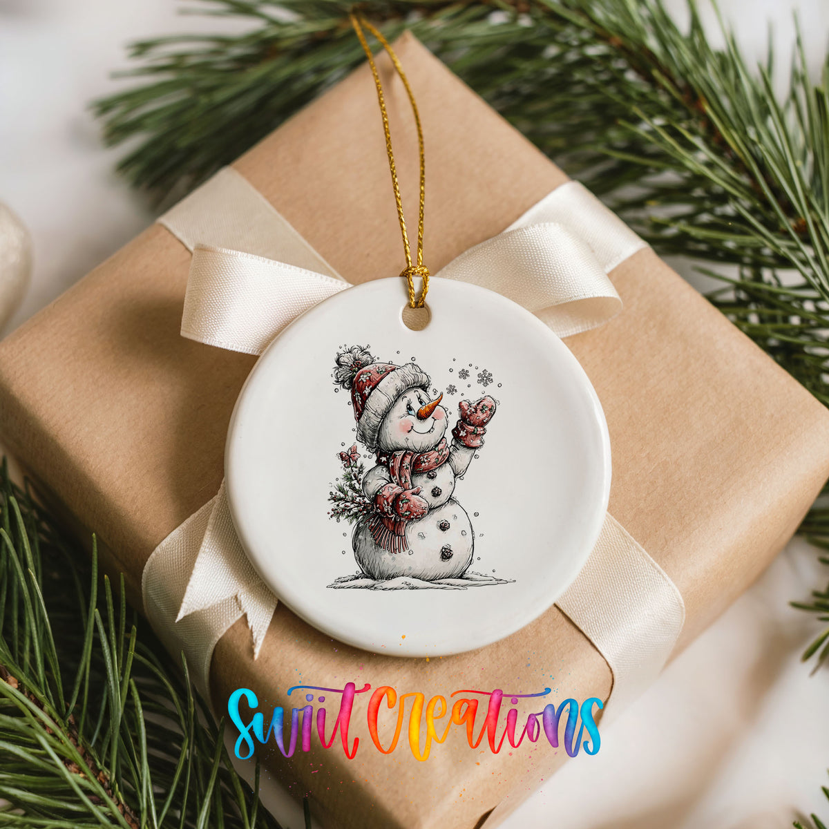 snowman holding a snowy Christmas tree ceramic Christmas ornament displayed on a wrapped Christmas gift