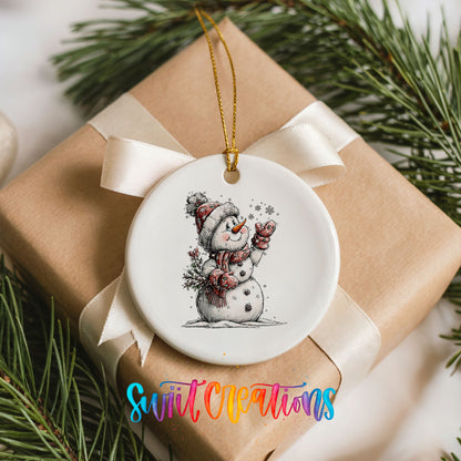 snowman holding a snowy Christmas tree ceramic Christmas ornament displayed on a wrapped Christmas gift