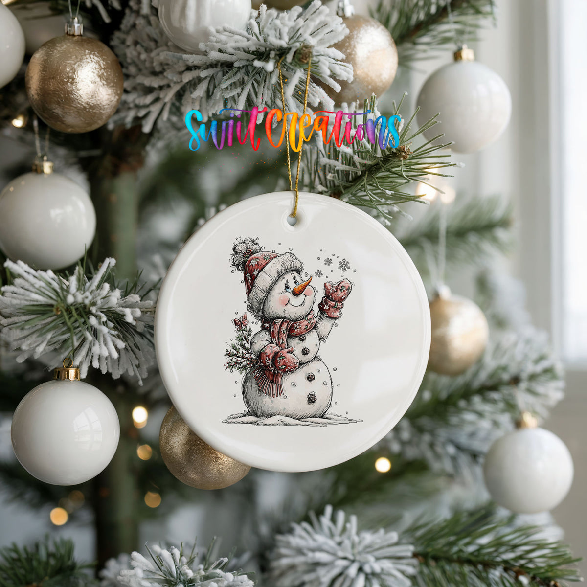 snowman holding a snowy Christmas tree ceramic Christmas ornament hanging on a frosted tree with ornaments