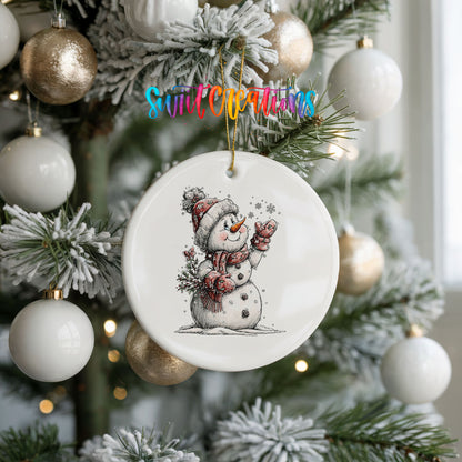 snowman holding a snowy Christmas tree ceramic Christmas ornament hanging on a frosted tree with ornaments
