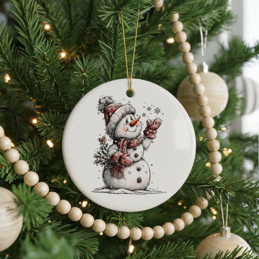 Snowman Holding Snowy Christmas Tree ceramic Christmas ornament, front view