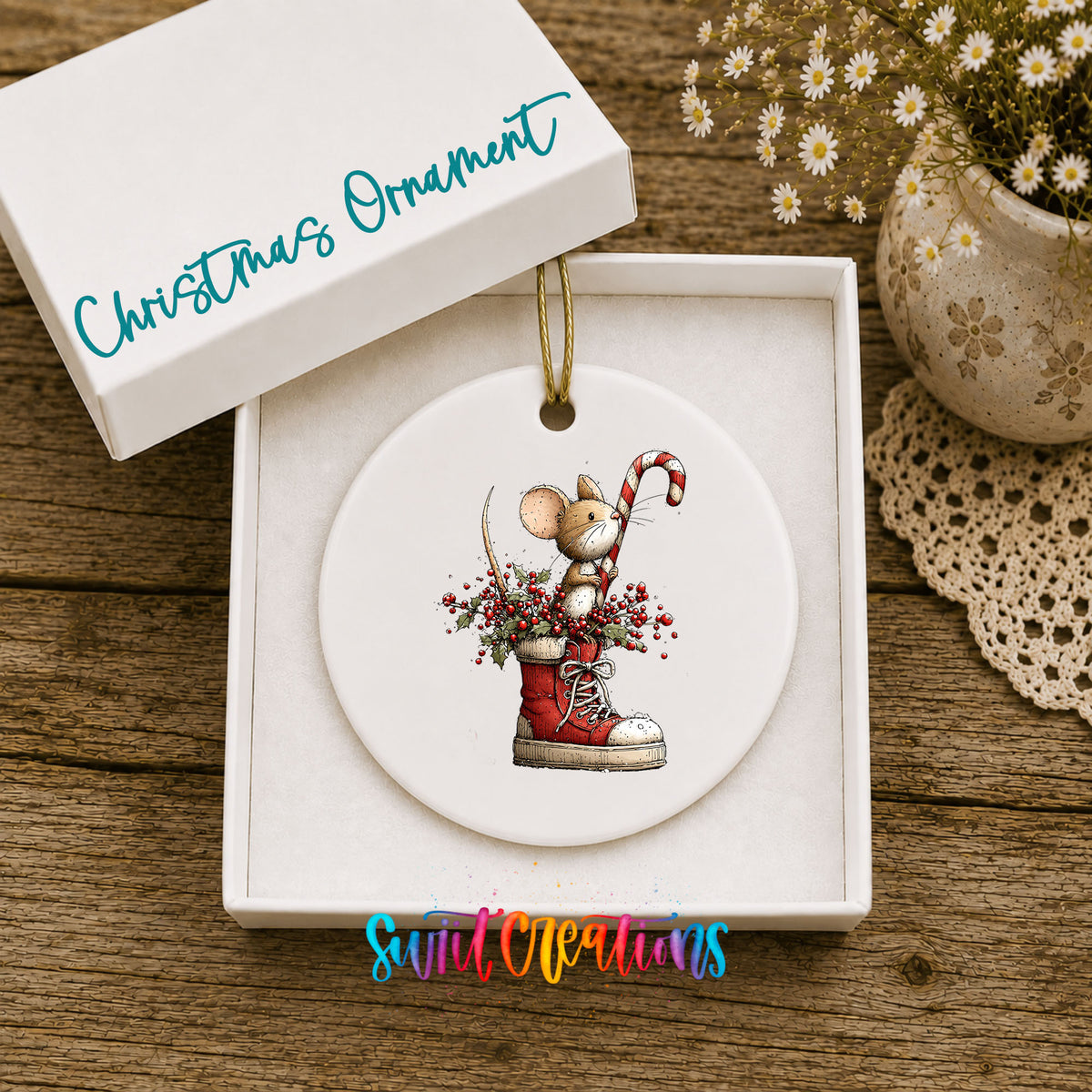 woodland mouse with a candy cane in a Christmas stocking ceramic Christmas ornament presented in a gift box