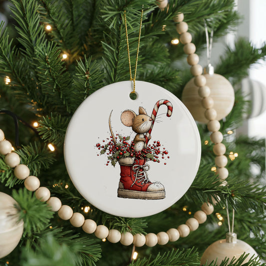 Woodland Mouse In Christmas Stocking ceramic Christmas ornament, front view