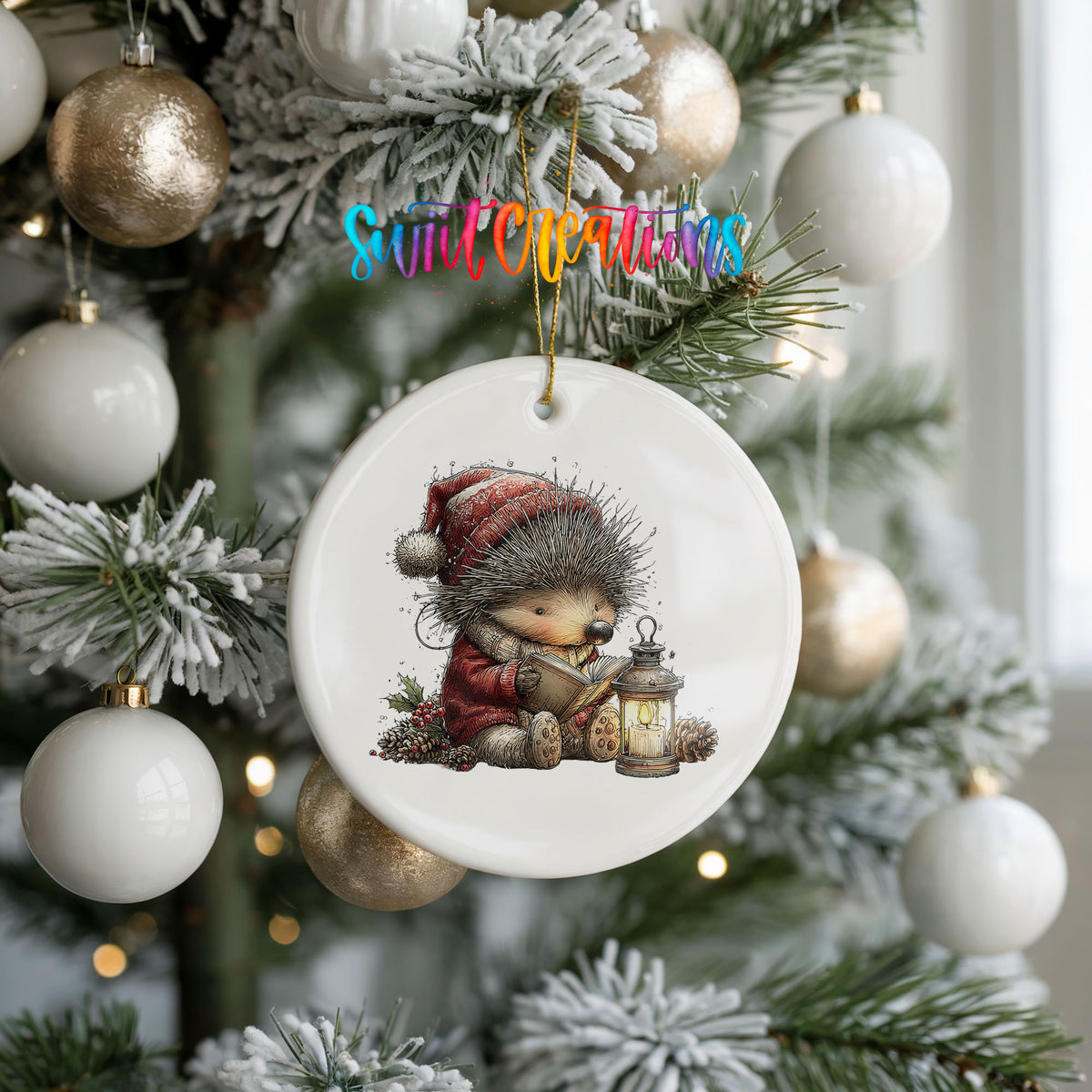 woodland bear in a Santa hat holding a lantern ceramic Christmas ornament hanging on a frosted tree with ornaments