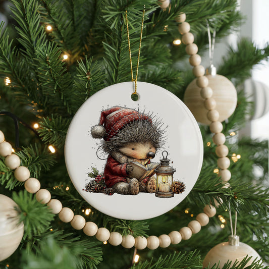Woodland Bear With Lantern ceramic Christmas ornament, front view