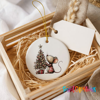 woodland mouse beside a decorated Christmas tree ceramic Christmas ornament displayed in a wooden gift crate