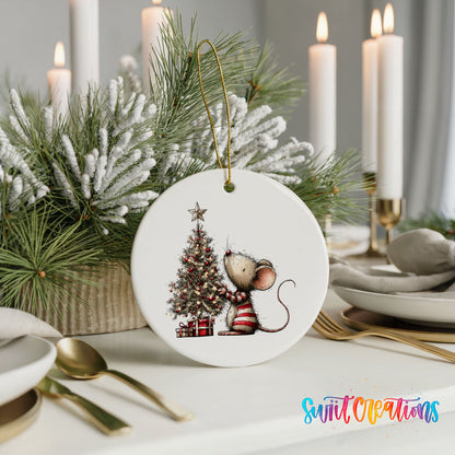 woodland mouse beside a decorated Christmas tree ceramic Christmas ornament shown in a holiday table setting