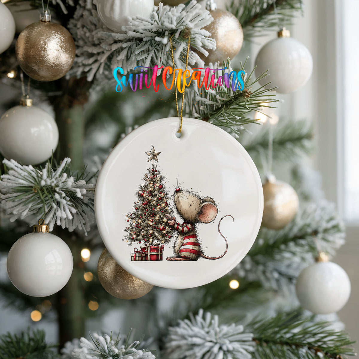 woodland mouse beside a decorated Christmas tree ceramic Christmas ornament hanging on a frosted tree with ornaments