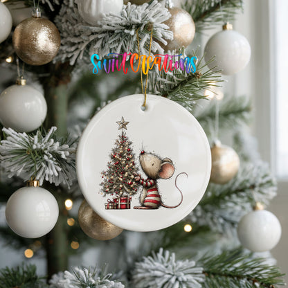 woodland mouse beside a decorated Christmas tree ceramic Christmas ornament hanging on a frosted tree with ornaments