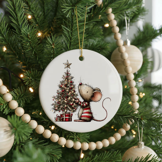 Woodland Mouse By Christmas Tree ceramic Christmas ornament, front view
