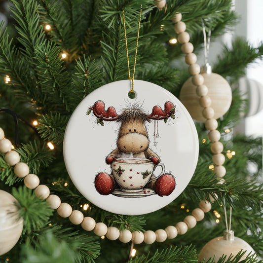 Woodland Moose In Snowman Sweater ceramic Christmas ornament, front view