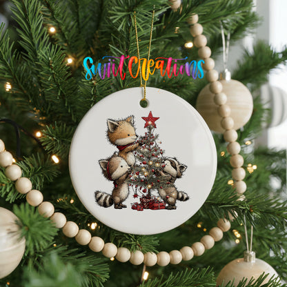 woodland fox beside a decorated Christmas tree ceramic Christmas ornament hanging on a green Christmas tree