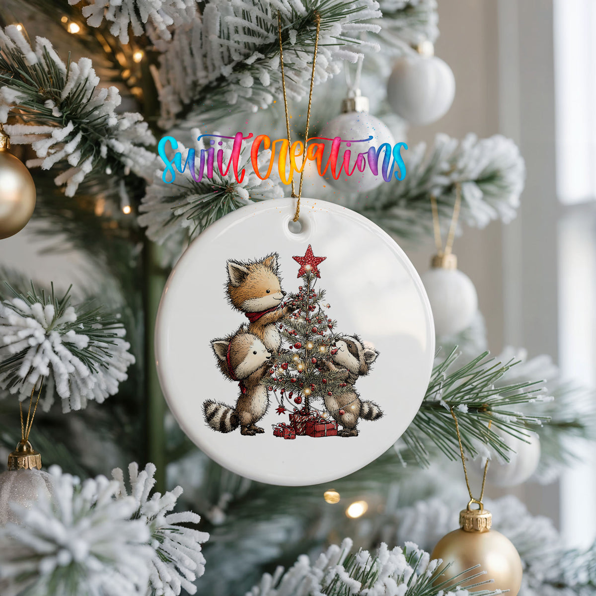 woodland fox beside a decorated Christmas tree ceramic Christmas ornament hanging on a frosted Christmas tree