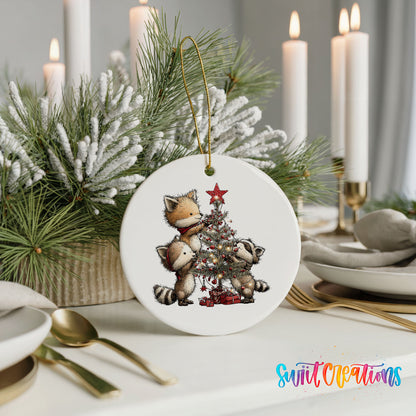 woodland fox beside a decorated Christmas tree ceramic Christmas ornament shown in a holiday table setting