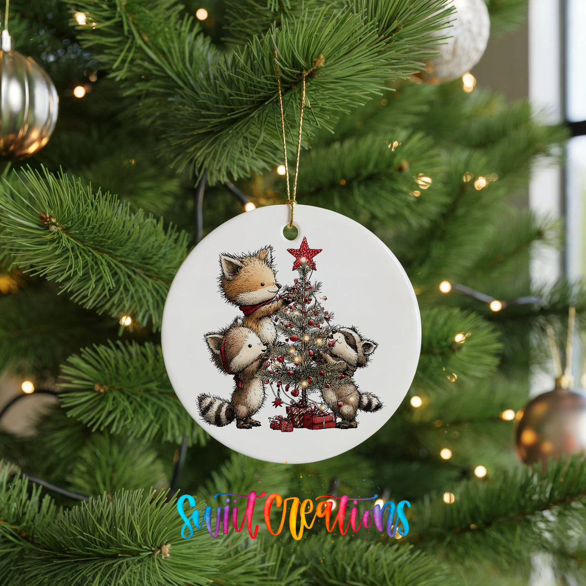woodland fox beside a decorated Christmas tree ceramic Christmas ornament hanging on a lit Christmas tree