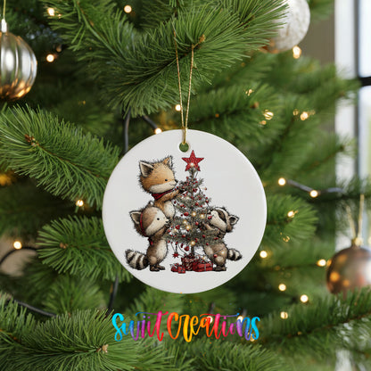 woodland fox beside a decorated Christmas tree ceramic Christmas ornament hanging on a lit Christmas tree