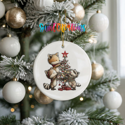 woodland fox beside a decorated Christmas tree ceramic Christmas ornament hanging on a frosted tree with ornaments