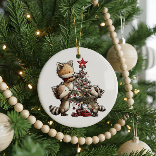 Woodland Fox By Christmas Tree ceramic Christmas ornament, front view