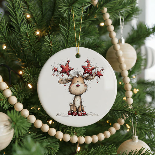Woodland Reindeer With Red Stars ceramic Christmas ornament, front view