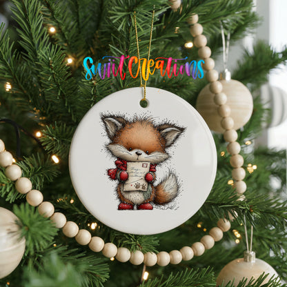woodland fox in a red hat holding a tiny snowman ceramic Christmas ornament hanging on a green Christmas tree