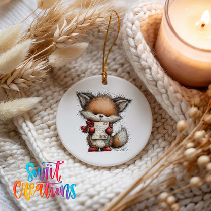 woodland fox in a red hat holding a tiny snowman ceramic Christmas ornament styled on a cozy knit blanket