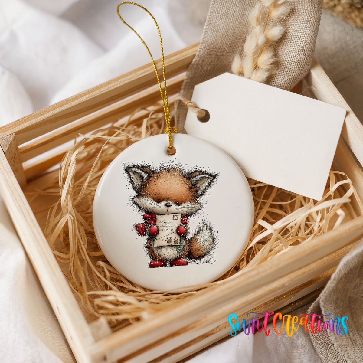 woodland fox in a red hat holding a tiny snowman ceramic Christmas ornament displayed in a wooden gift crate
