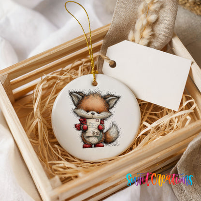woodland fox in a red hat holding a tiny snowman ceramic Christmas ornament displayed in a wooden gift crate